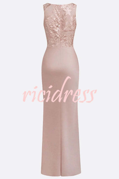 Purple Vera Mesh Embroidery Satin Ruched Crew Neck Sleeveless Gown Maxi Dress