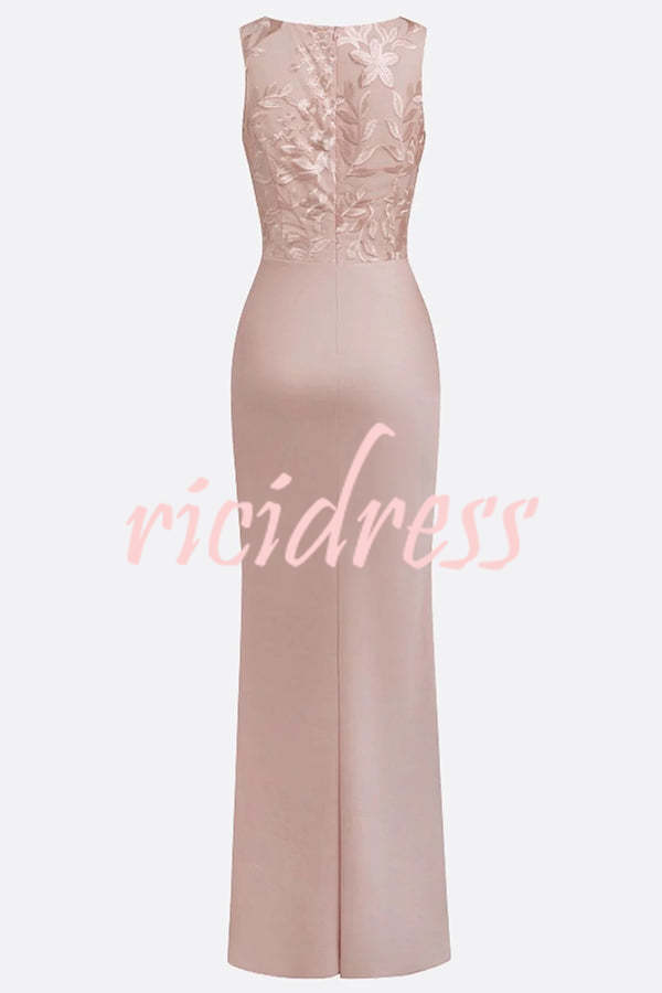 Gold Vera Mesh Embroidery Satin Ruched Crew Neck Sleeveless Gown Maxi Dress