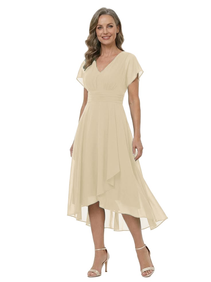 ChicSew V-Neck Short Sleeve High Low Hem Chiffon Formal Mother Of The Bride And Groom Dresses - Dusty-Blue