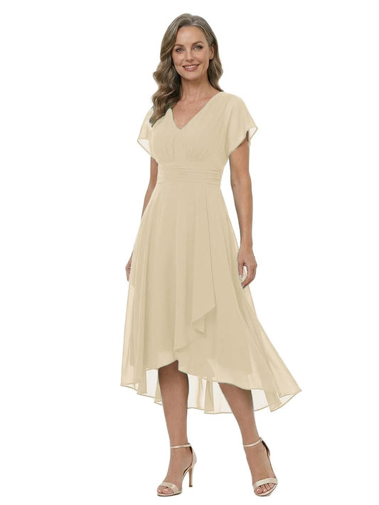 ChicSew V-Neck Short Sleeve High Low Hem Chiffon Formal Mother Of The Bride And Groom Dresses - Dusty-Blue