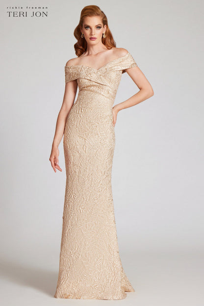 Green/Black Metallic Jacquard Portrait Collar Side Drape Gown