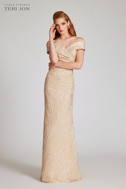 Gold Metallic Jacquard Portrait Collar Side Drape Gown