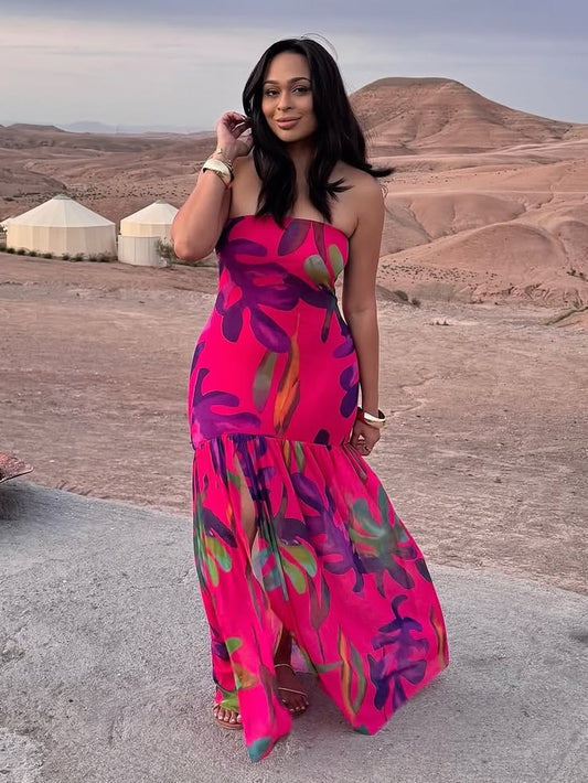 Abyovrt Dresses | Strapless Pink Floral Maxi Dress With Slit | Color: Pink/Purple | Size: M