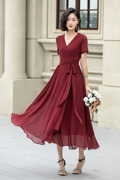 Neck Wrap Style 5222 Burgundy midi fit and flare prom chiffon dress