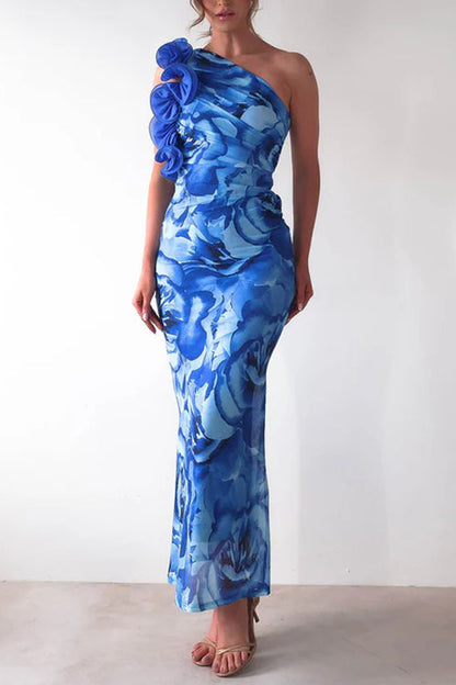Blue Margot Ruffle One-Shoulder Floral Maxi Dress