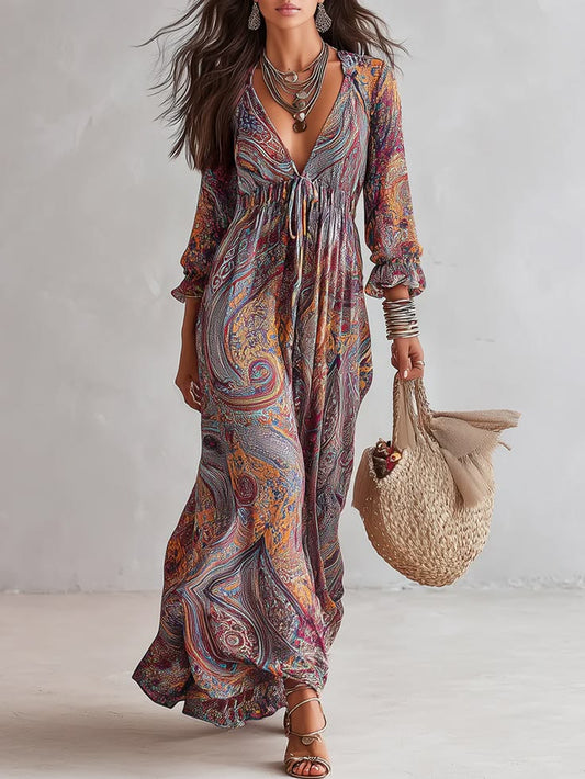 Retro Paisley V-Neck Dress with Adjustable Tie Waist, earth color / 3XL