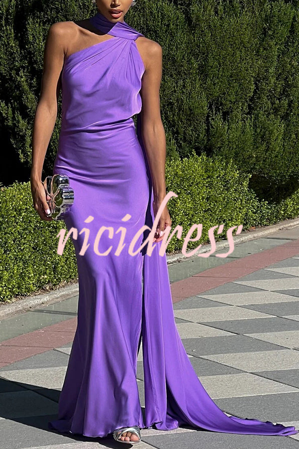 Yellow Alessandra Satin One-Shoulder Cape Maxi Dress