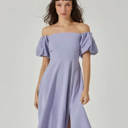 Violet Off-Shoulder Puff Sleeve Midi Dress