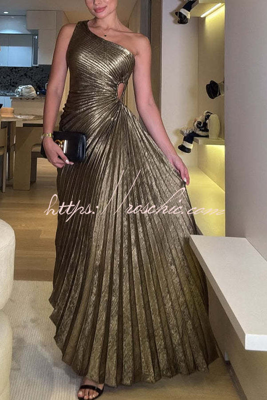 Gold Valentina Metallic One-Shoulder Maxi Dress