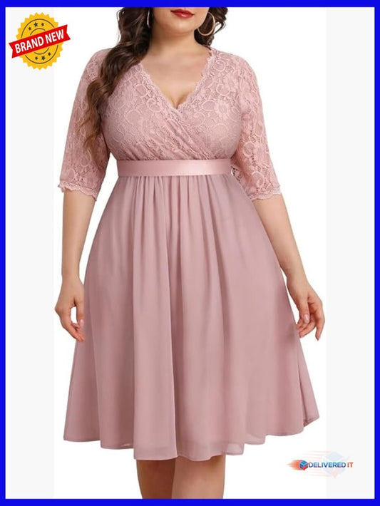 Plus Size Lace Chiffon Wrap V Neck Midi Dress Cocktail Guest | Color: Pink | Size: Various