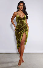 Olive PrettyLittleThing Velvet Underwired Strappy Draped Midi Dress | Nasty Gal USA