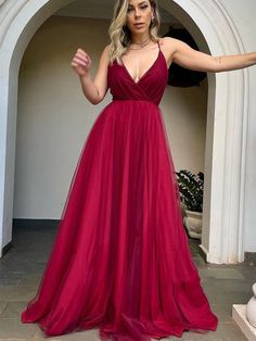 V Neck Backless Burgundy Tulle Long Prom Dresses, Backless Maroon Formal Dresses, Burgundy Evenin...