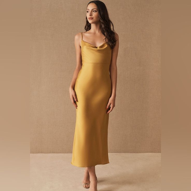Cali Satin Midi Dress in Gold