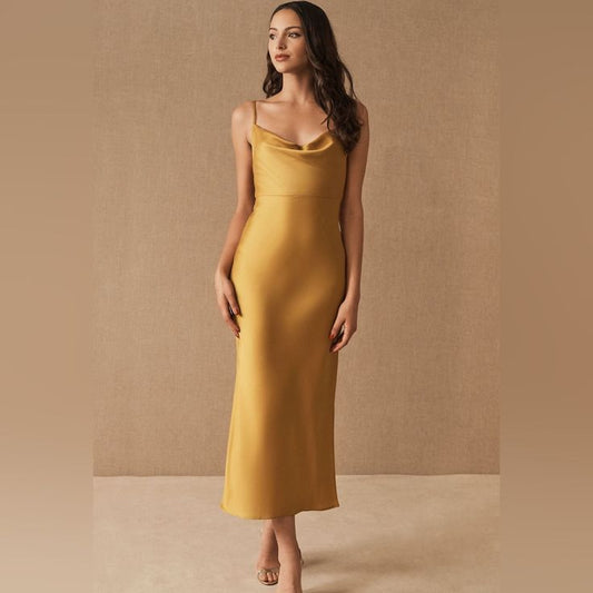 Cali Satin Midi Dress in Gold