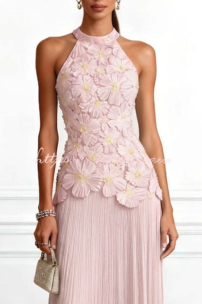 Blue Emilie 3D Floral Embroidered Halter Maxi Dress