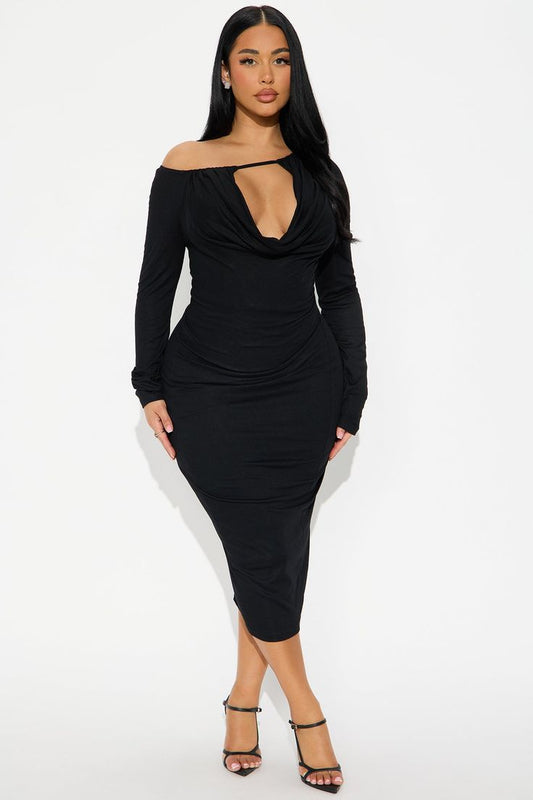 Women's Chain Reaction Draped Midi Dress in Black Size XS