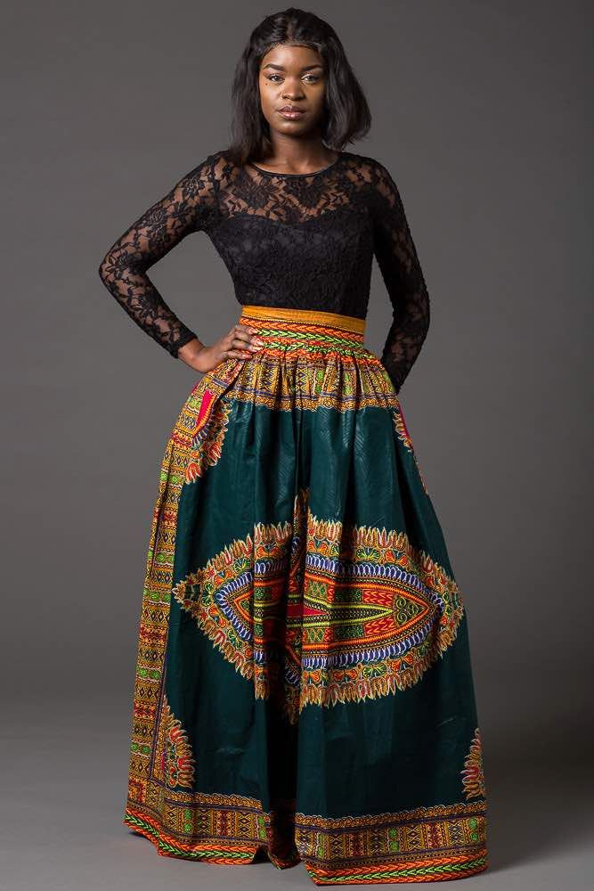 Green Dashiki Maxi Skirt | Long African Print Skirt for Sale | Africa Blooms