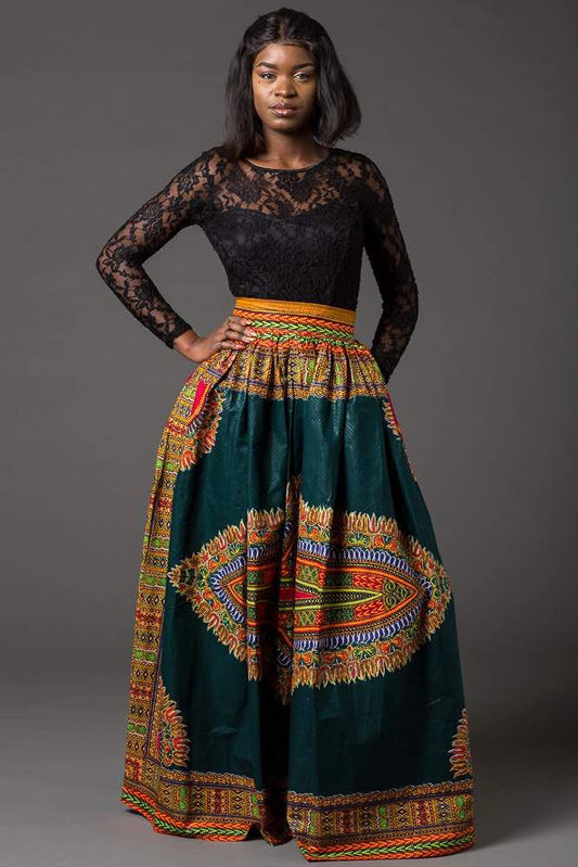 Green Dashiki Maxi Skirt | Long African Print Skirt for Sale | Africa Blooms