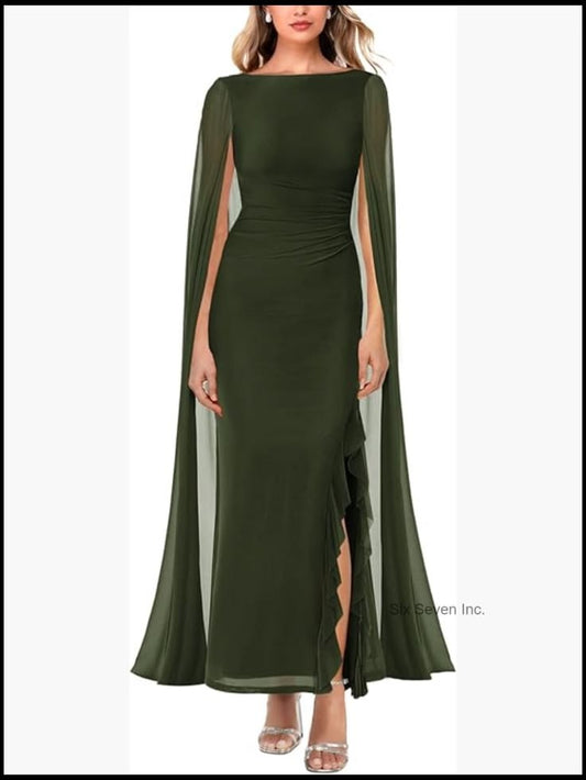 Sexy Elegant Long Sleeve High Split Mesh Ruched Formal Evening Party Maxi Dress | Color: Green | Size: Various