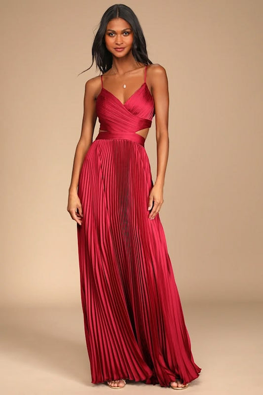 Arabella Wine Pleated Cutout Maxi Dress