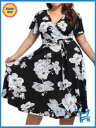 Plus Size V Neck Floral Midi Dress With Pockets Bundle Tie Waist | Color: Black/White | Size: Various