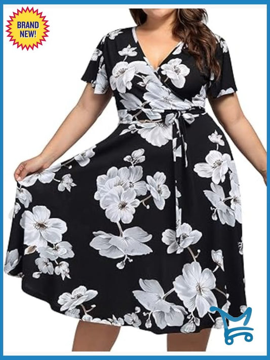 Plus Size V Neck Floral Midi Dress With Pockets Bundle Tie Waist | Color: Black/White | Size: Various