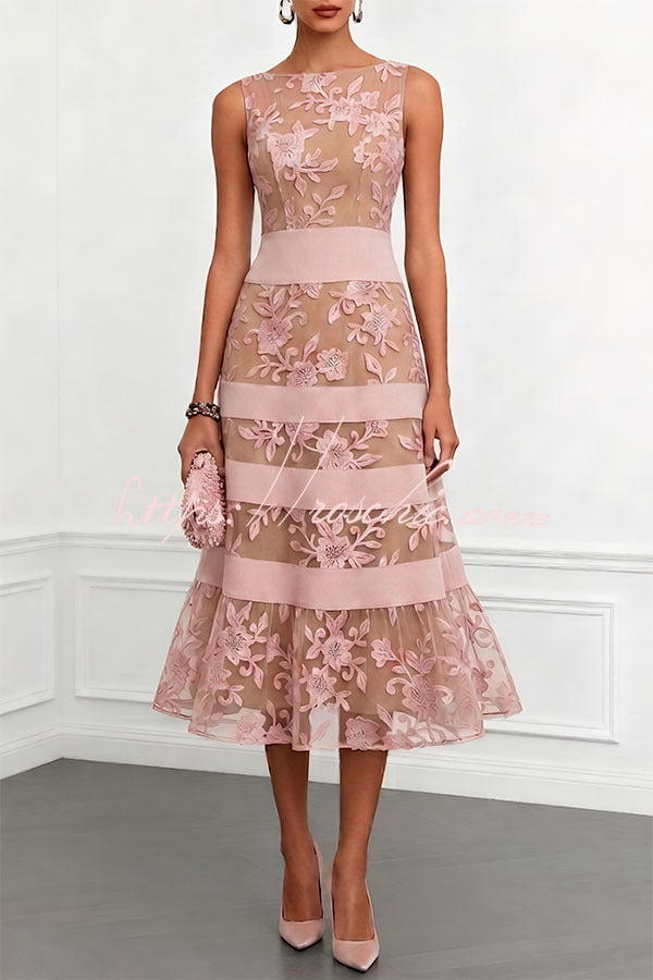 Pink Rosmie Flower Mesh Lace Colorblock Boat Neck Sleeveless A-Line Midi Dress