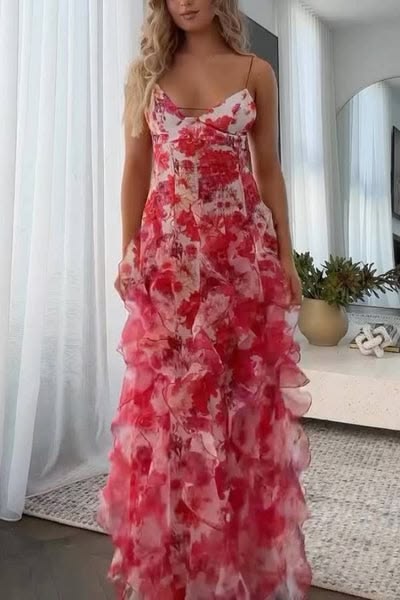 Valentina Oil Painting Floral Satin Maxi Dress