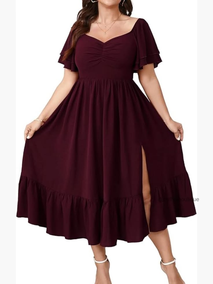 Plus Size Sweetheart Neckline Ruffle Sleeve Smocked Back Maxi Dress | Color: Red | Size: Various