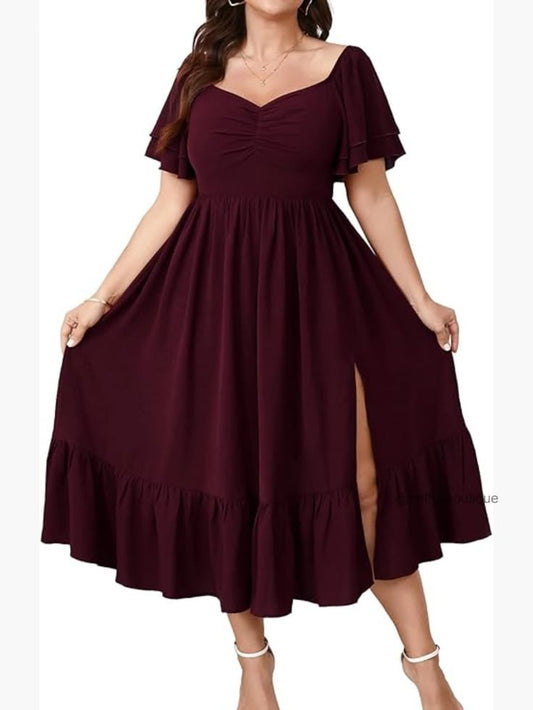 Plus Size Sweetheart Neckline Ruffle Sleeve Smocked Back Maxi Dress | Color: Red | Size: Various