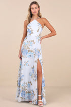 Arabella Light Blue Floral Halter Maxi Dress