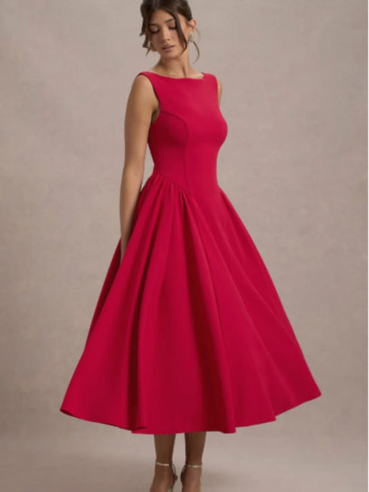 Club L London Dresses | Club London L Muriel Red Boat-Neck Volume-Hem Midi Dress Red 6 Small Sleeveless | Color: Black/R