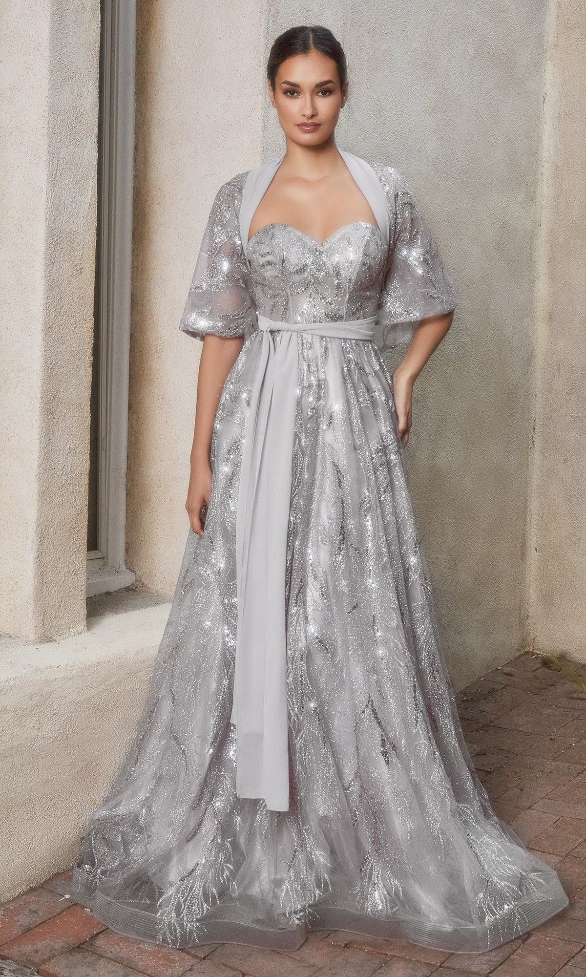 Smoky Blue Arabella Satin Ball Gown with Capelet