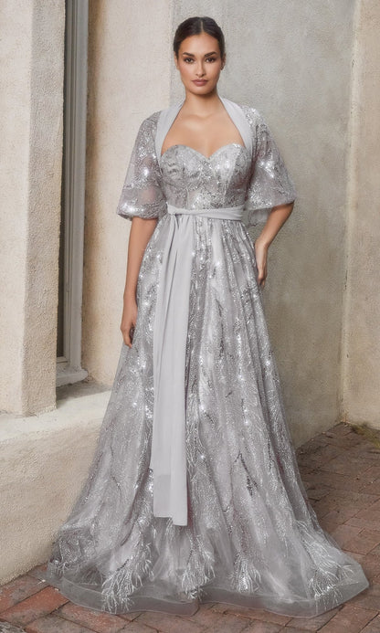 Smoky Blue Arabella Satin Ball Gown with Capelet