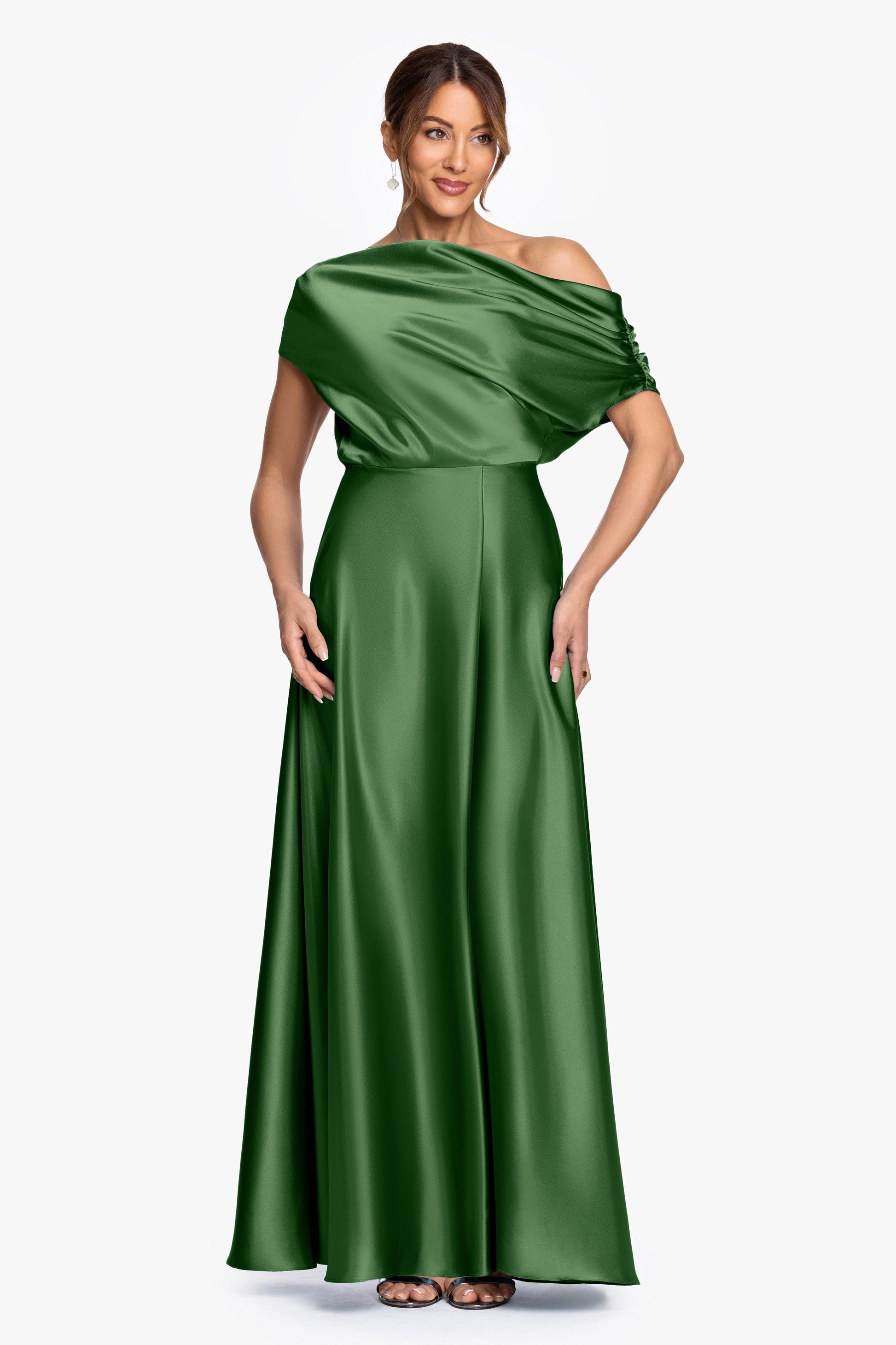 Moss Solei Satin Off-Shoulder Ruched Gown