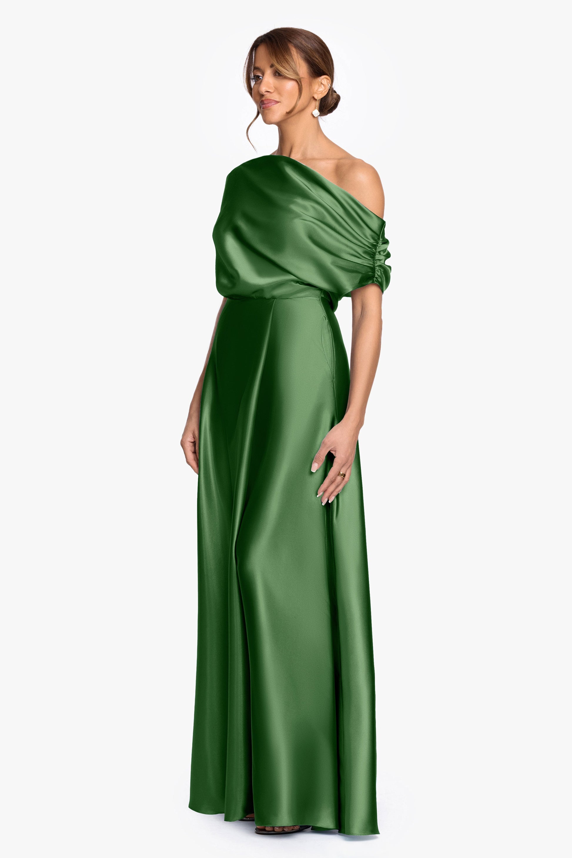 Burgundy Solei Satin Off-Shoulder Ruched Gown