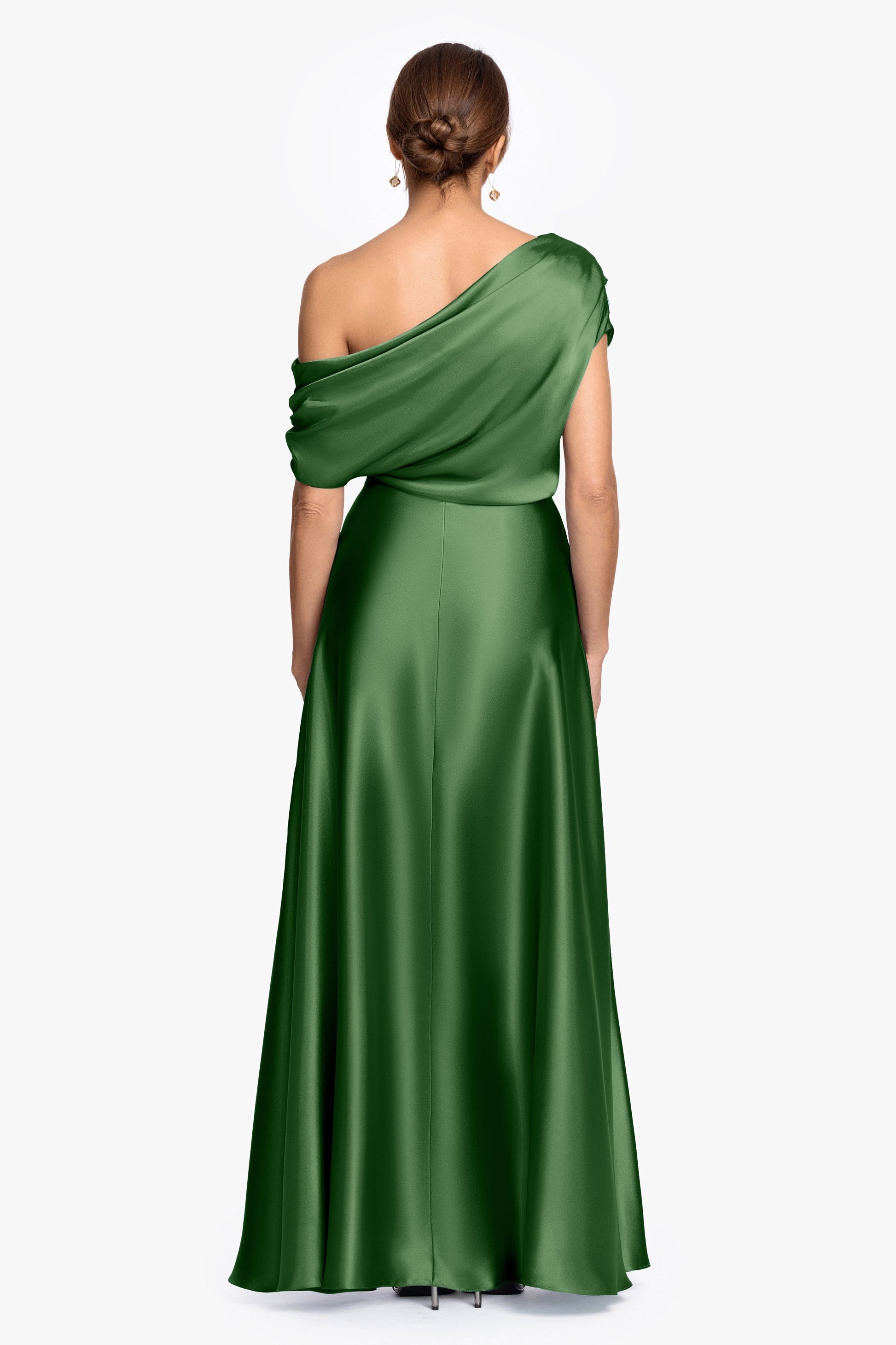 Moss Solei Satin Off-Shoulder Ruched Gown