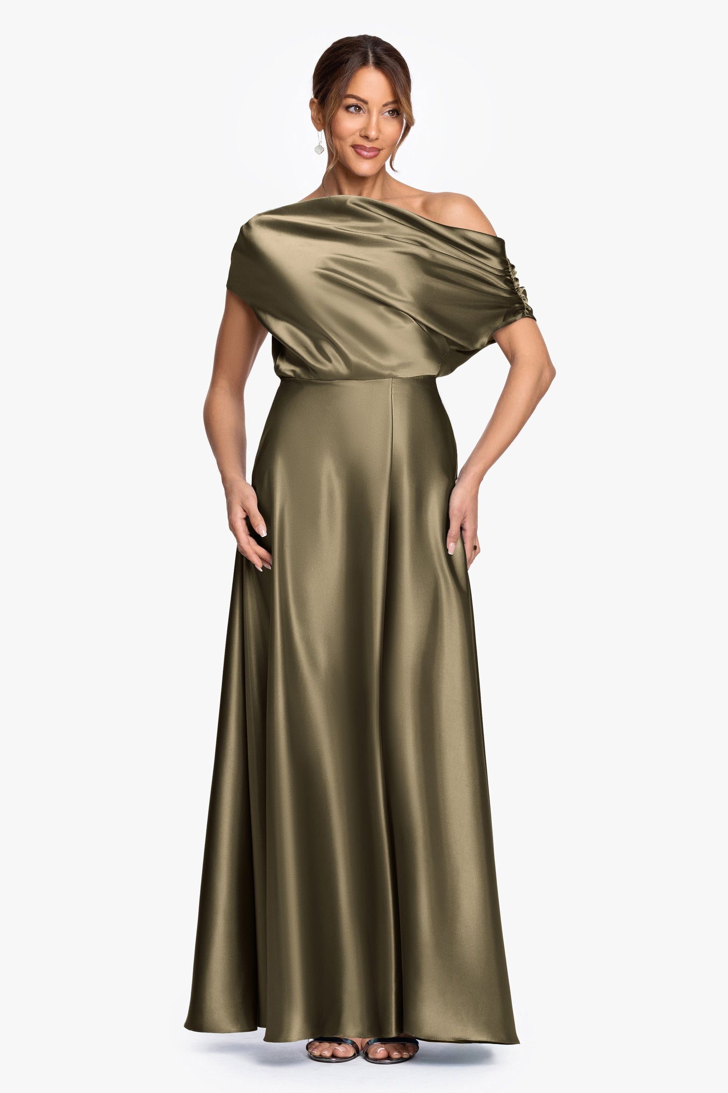 Burgundy Solei Satin Off-Shoulder Ruched Gown