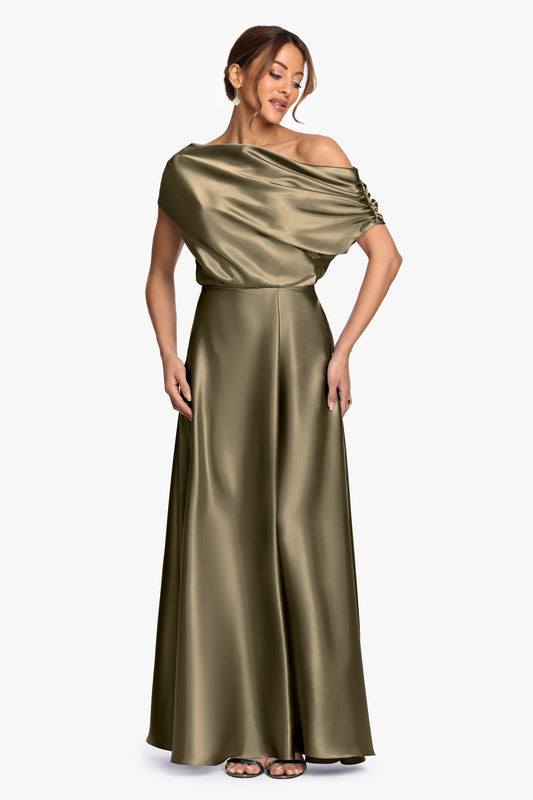 Olive Solei Satin Off-Shoulder Ruched Gown