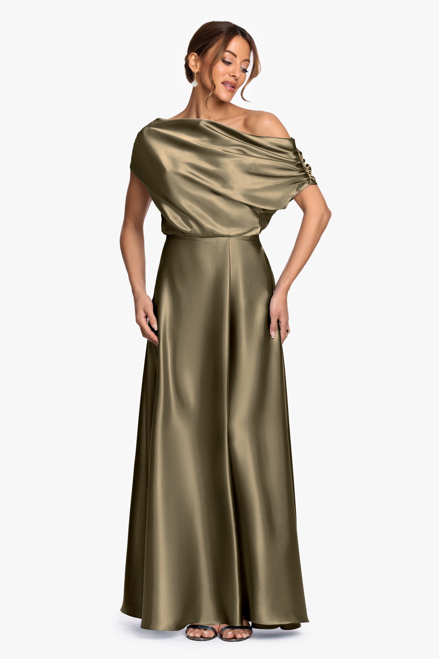 Moss Solei Satin Off-Shoulder Ruched Gown
