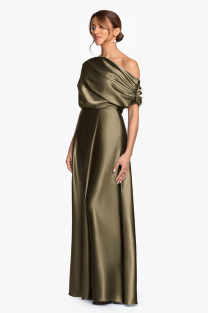 Burgundy Solei Satin Off-Shoulder Ruched Gown