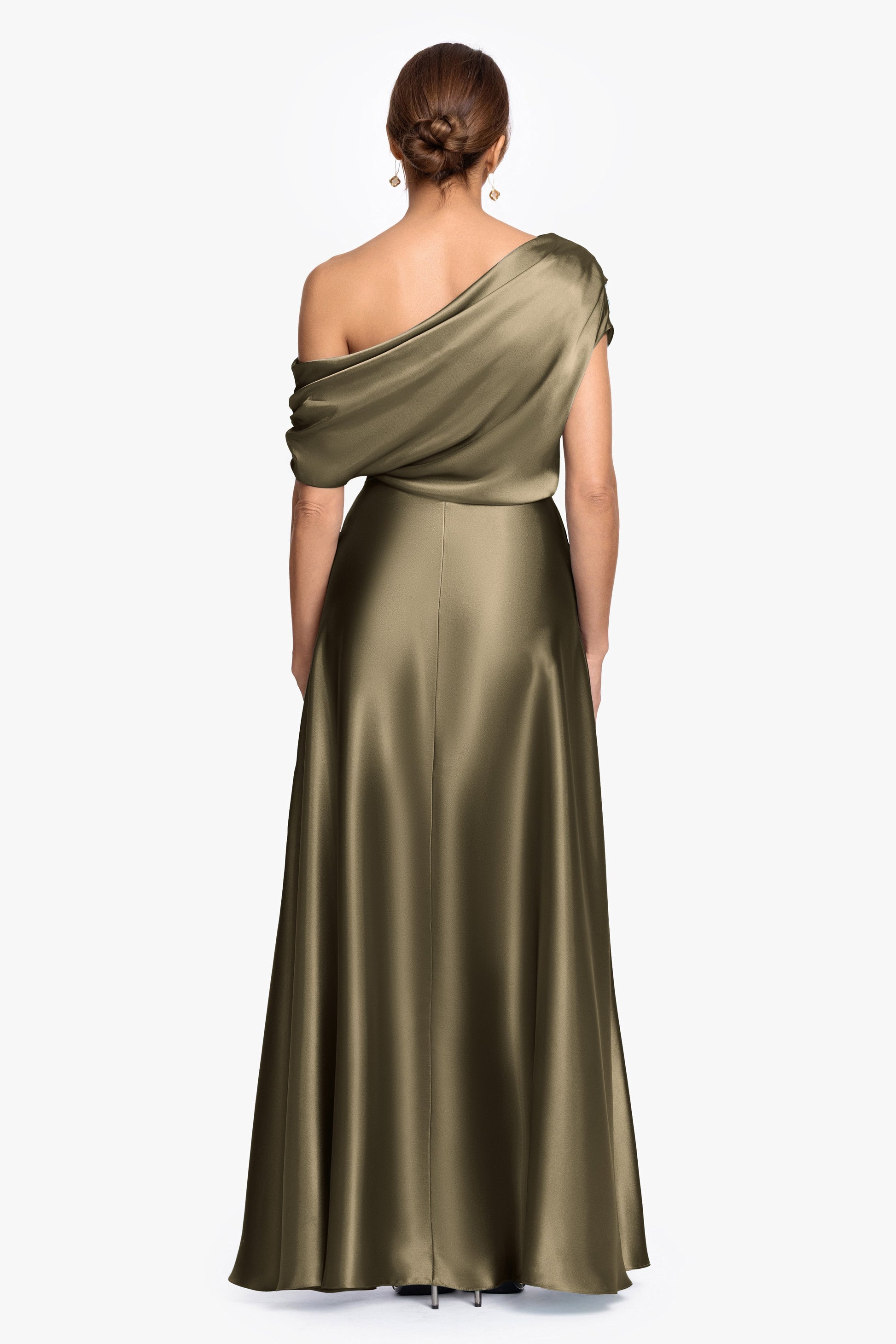 Moss Solei Satin Off-Shoulder Ruched Gown