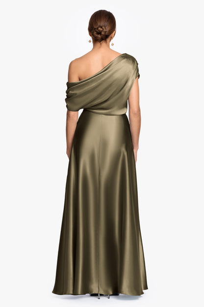Moss Solei Satin Off-Shoulder Ruched Gown
