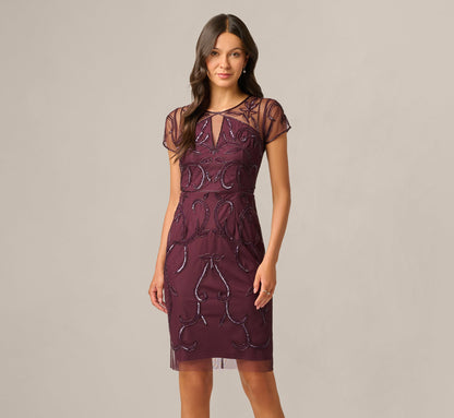 Night Plum Violet Beaded Illusion Sheath Dress