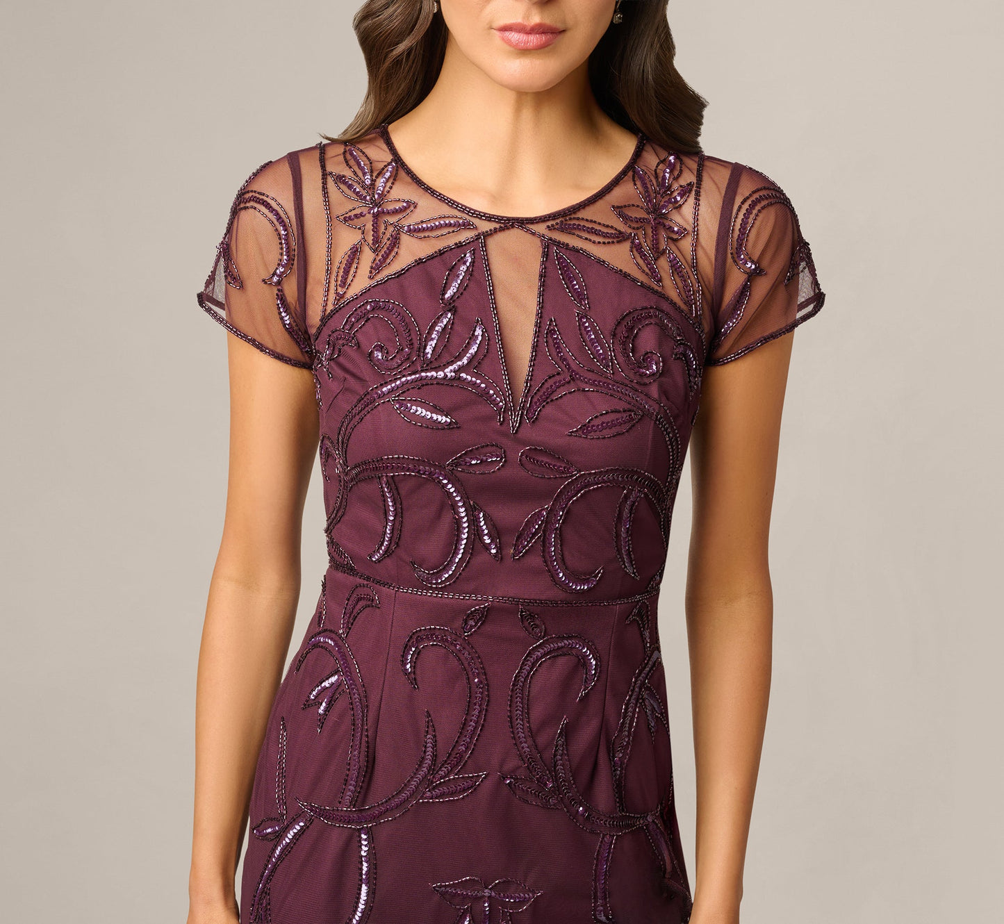 Night Plum Violet Beaded Illusion Sheath Dress
