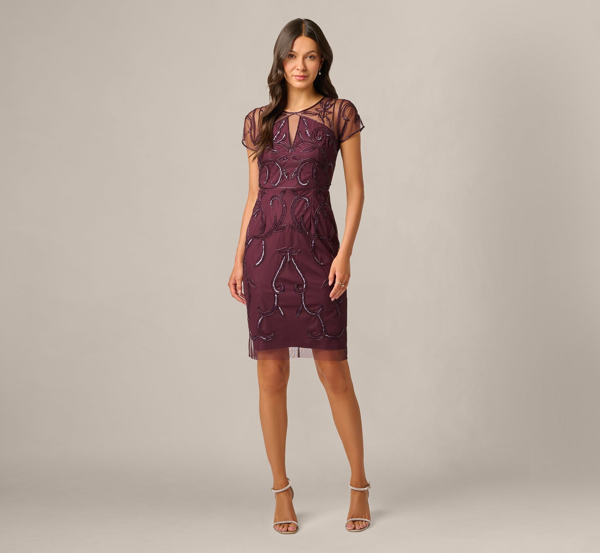Night Plum Violet Beaded Illusion Sheath Dress