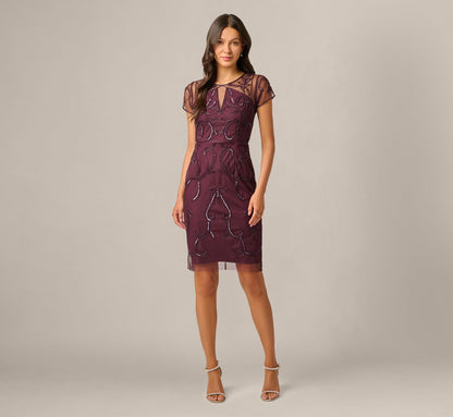 Night Plum Violet Beaded Illusion Sheath Dress