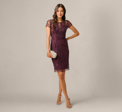 Night Plum Violet Beaded Illusion Sheath Dress