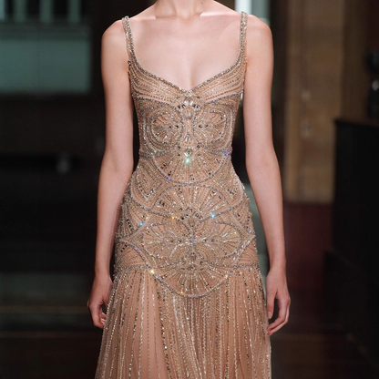 As Photo(Champagne) Evangeline Beaded Tulle Mermaid Gown