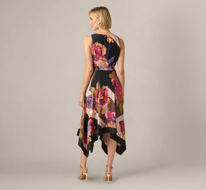 Black Multi Iris Floral Handkerchief Midi Dress